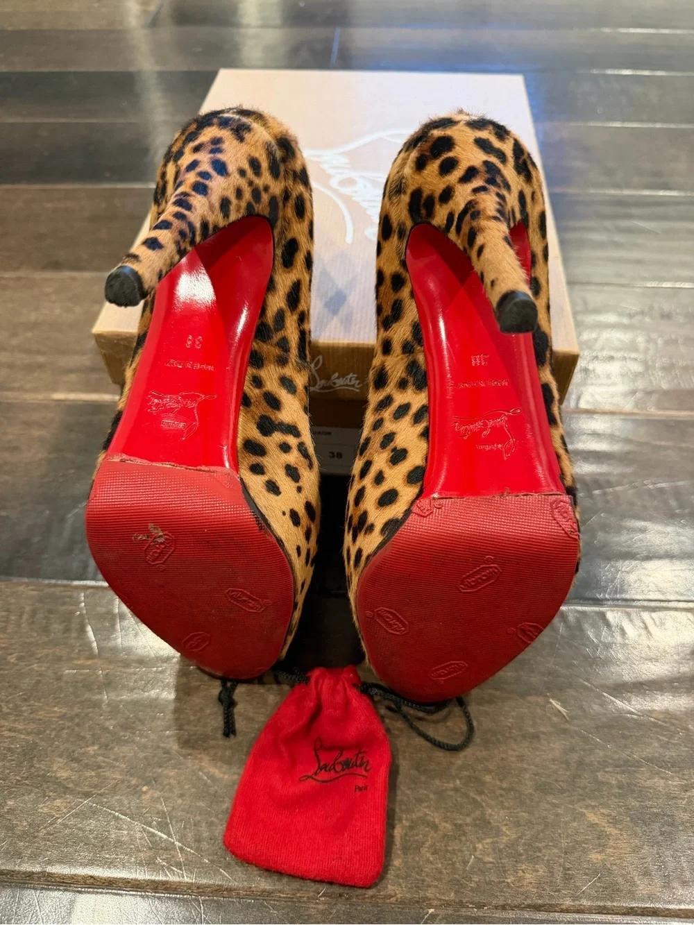 Christian Louboutin Leopard Print Peep-Toe Pumps with Red Accents